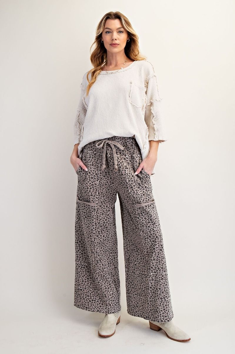 Animal Print Mineral Washed Terry Knit Lounge Pants in Ash Mocha