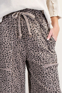 Animal Print Mineral Washed Terry Knit Lounge Pants in Ash Mocha