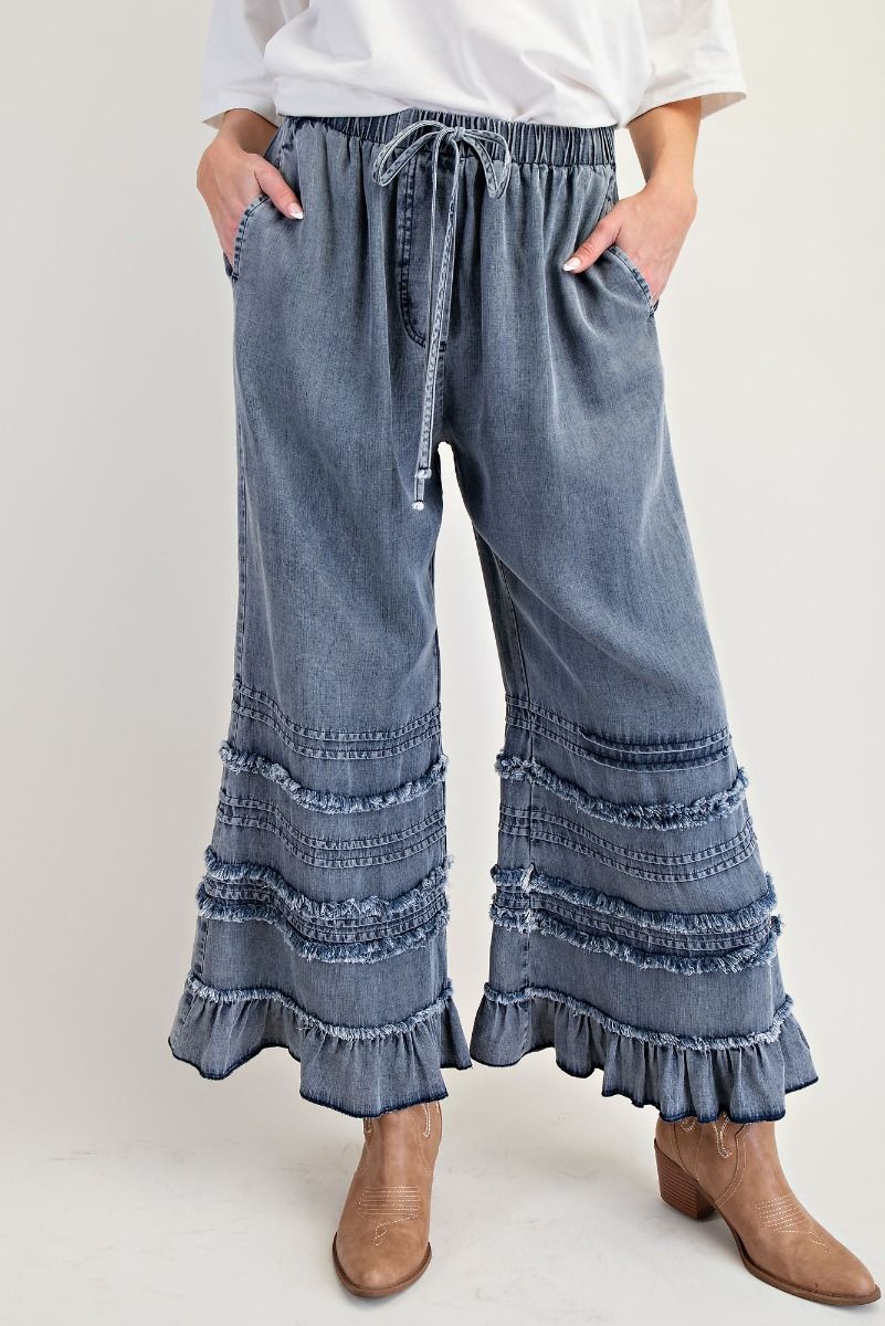 Easel Ruffle Bottom Stone Washed Dark Denim Chambray Pants