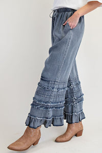 Easel Ruffle Bottom Stone Washed Dark Denim Chambray Pants