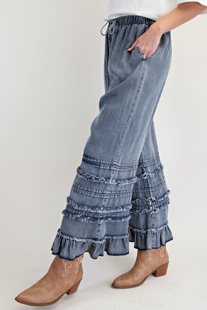Easel Ruffle Bottom Stone Washed Dark Denim Chambray Pants