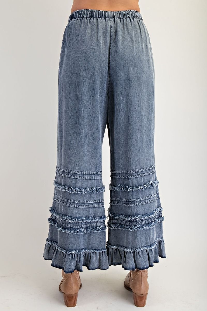 Easel Ruffle Bottom Stone Washed Dark Denim Chambray Pants