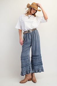 Easel Ruffle Bottom Stone Washed Dark Denim Chambray Pants