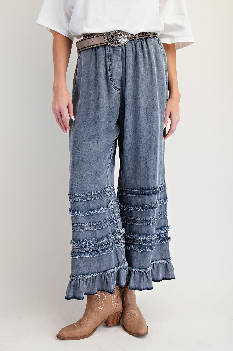 Easel Ruffle Bottom Stone Washed Dark Denim Chambray Pants