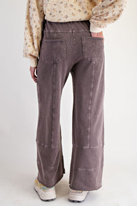 Easel Mineral Washed Wide Leg Terry Knit Pants in Espresso