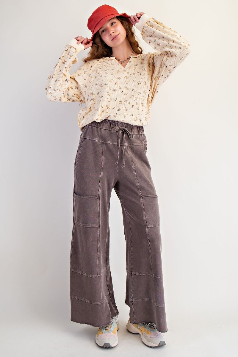 Easel Mineral Washed Wide Leg Terry Knit Pants in Espresso