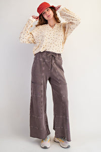 Easel Mineral Washed Wide Leg Terry Knit Pants in Espresso