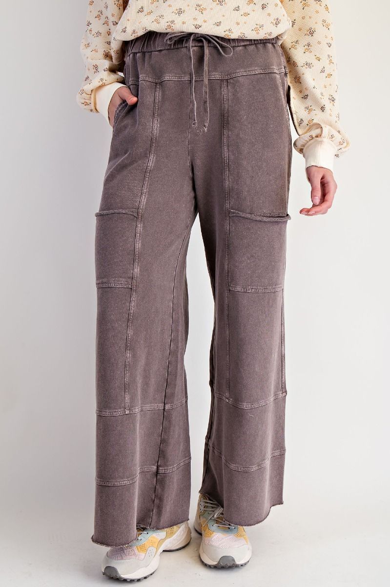 Easel Mineral Washed Wide Leg Terry Knit Pants in Espresso
