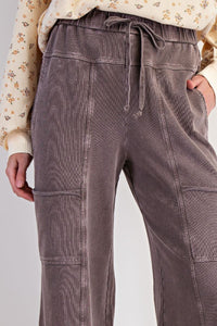 Easel Mineral Washed Wide Leg Terry Knit Pants in Espresso
