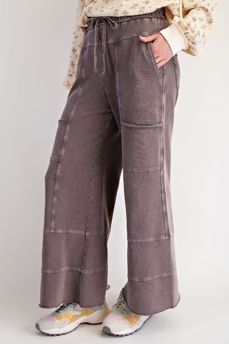 Easel Mineral Washed Wide Leg Terry Knit Pants in Espresso