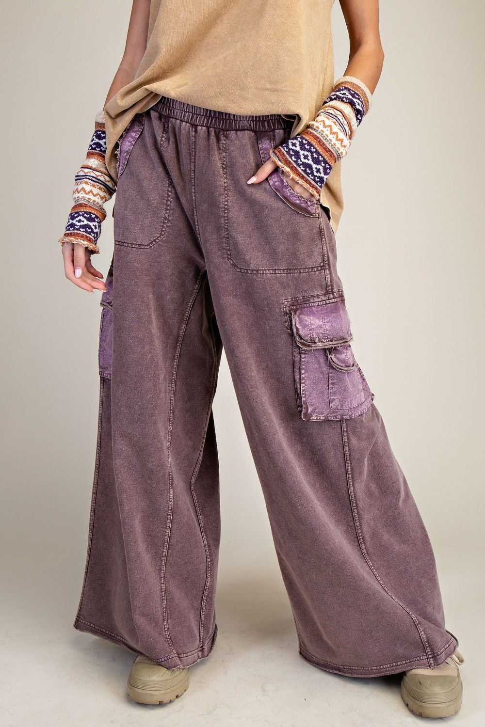 Easel Washed Wide Leg Terry Knit Cargo Pants in Mocha