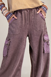 Easel Washed Wide Leg Terry Knit Cargo Pants in Mocha
