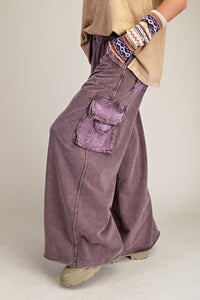 Easel Washed Wide Leg Terry Knit Cargo Pants in Mocha