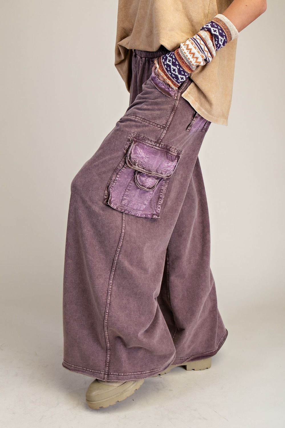 Easel Washed Wide Leg Terry Knit Cargo Pants in Mocha