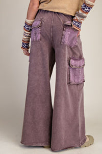 Easel Washed Wide Leg Terry Knit Cargo Pants in Mocha