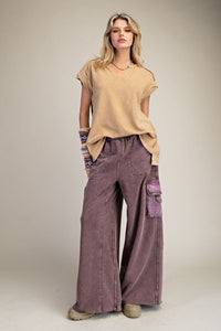 Easel Washed Wide Leg Terry Knit Cargo Pants in Mocha