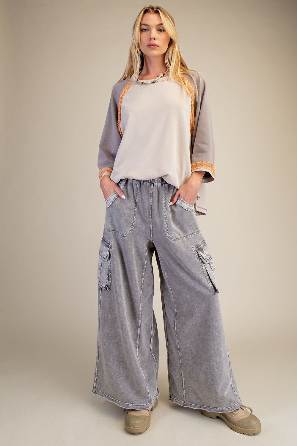 Easel Washed Wide Leg Terry Knit Cargo Pants in Rock Stone Grey