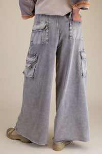 Easel Washed Wide Leg Terry Knit Cargo Pants in Rock Stone Grey