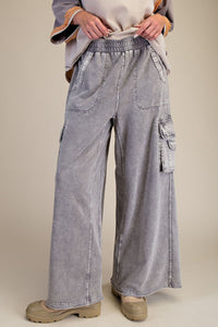 Easel Washed Wide Leg Terry Knit Cargo Pants in Rock Stone Grey