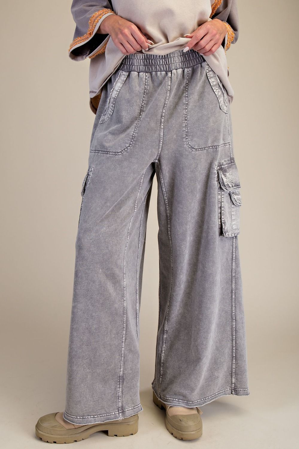Easel Washed Wide Leg Terry Knit Cargo Pants in Rock Stone Grey