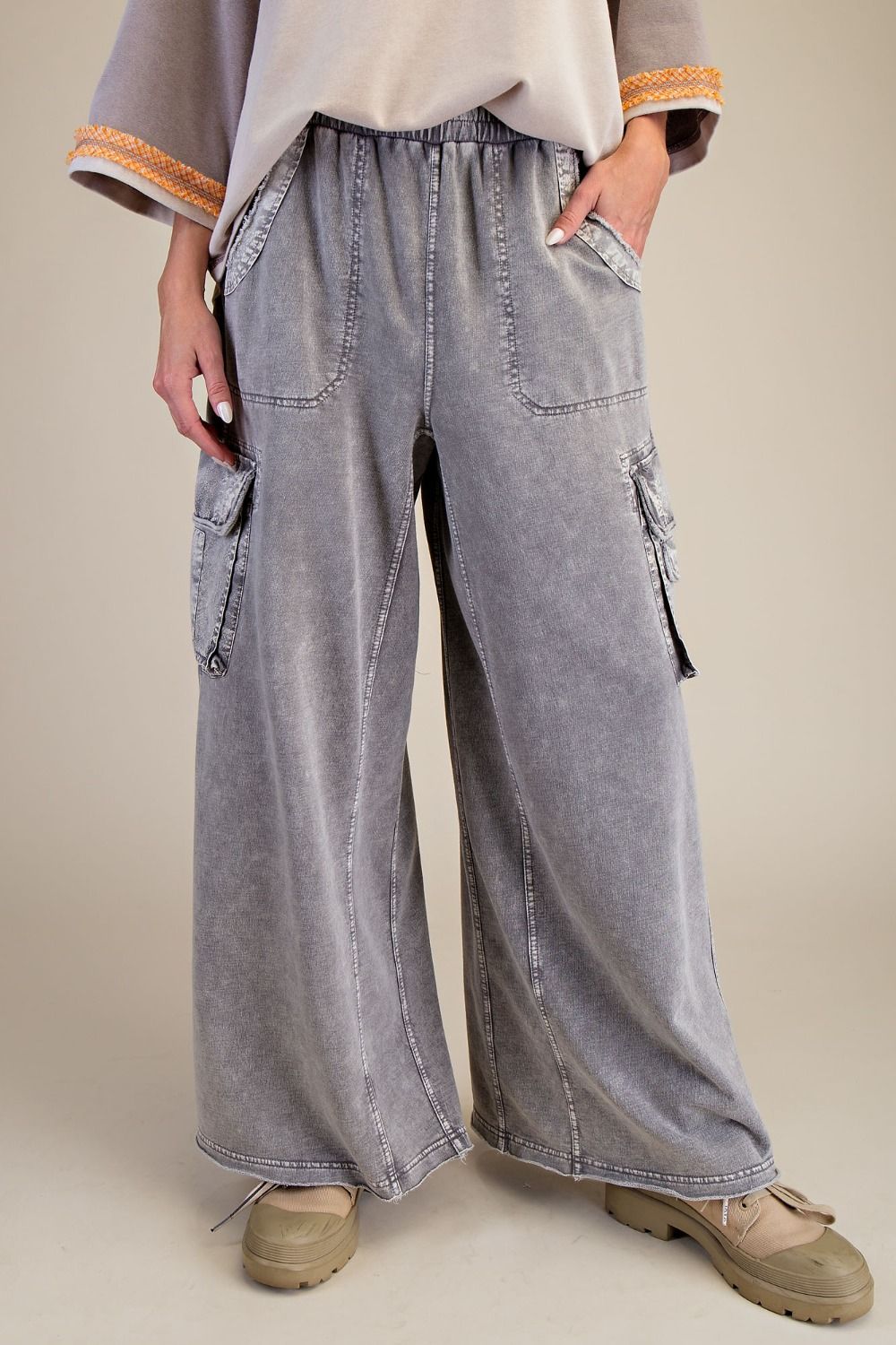 Easel Washed Wide Leg Terry Knit Cargo Pants in Rock Stone Grey
