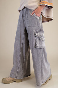 Easel Washed Wide Leg Terry Knit Cargo Pants in Rock Stone Grey