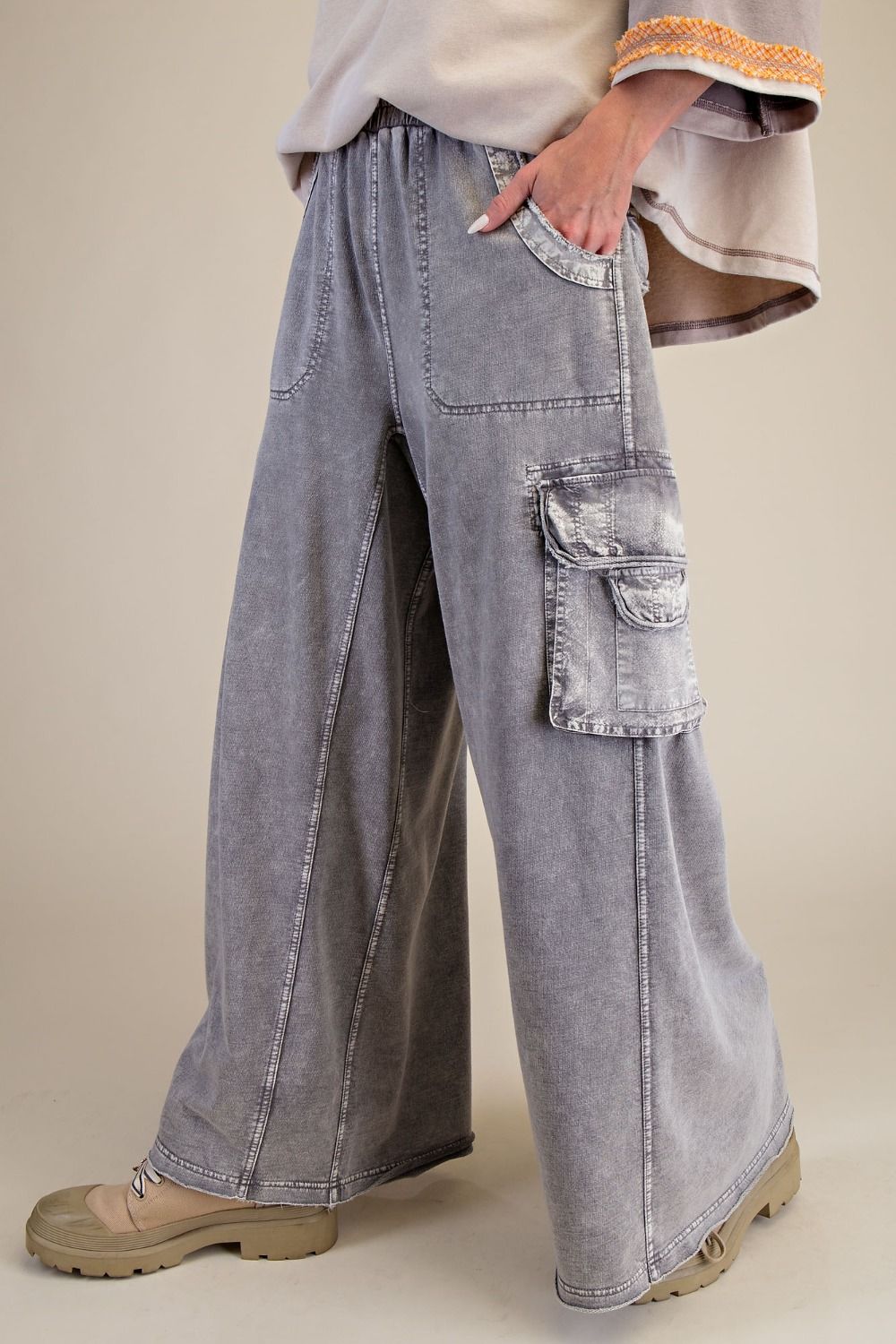 Easel Washed Wide Leg Terry Knit Cargo Pants in Rock Stone Grey