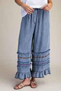 Easel Ruffle Bottom Stone Washed Chambray Pants