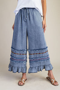 Easel Ruffle Bottom Stone Washed Chambray Pants