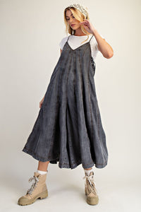 Easel Wide Leg Washed Denim Jumpsuit - Black Denim