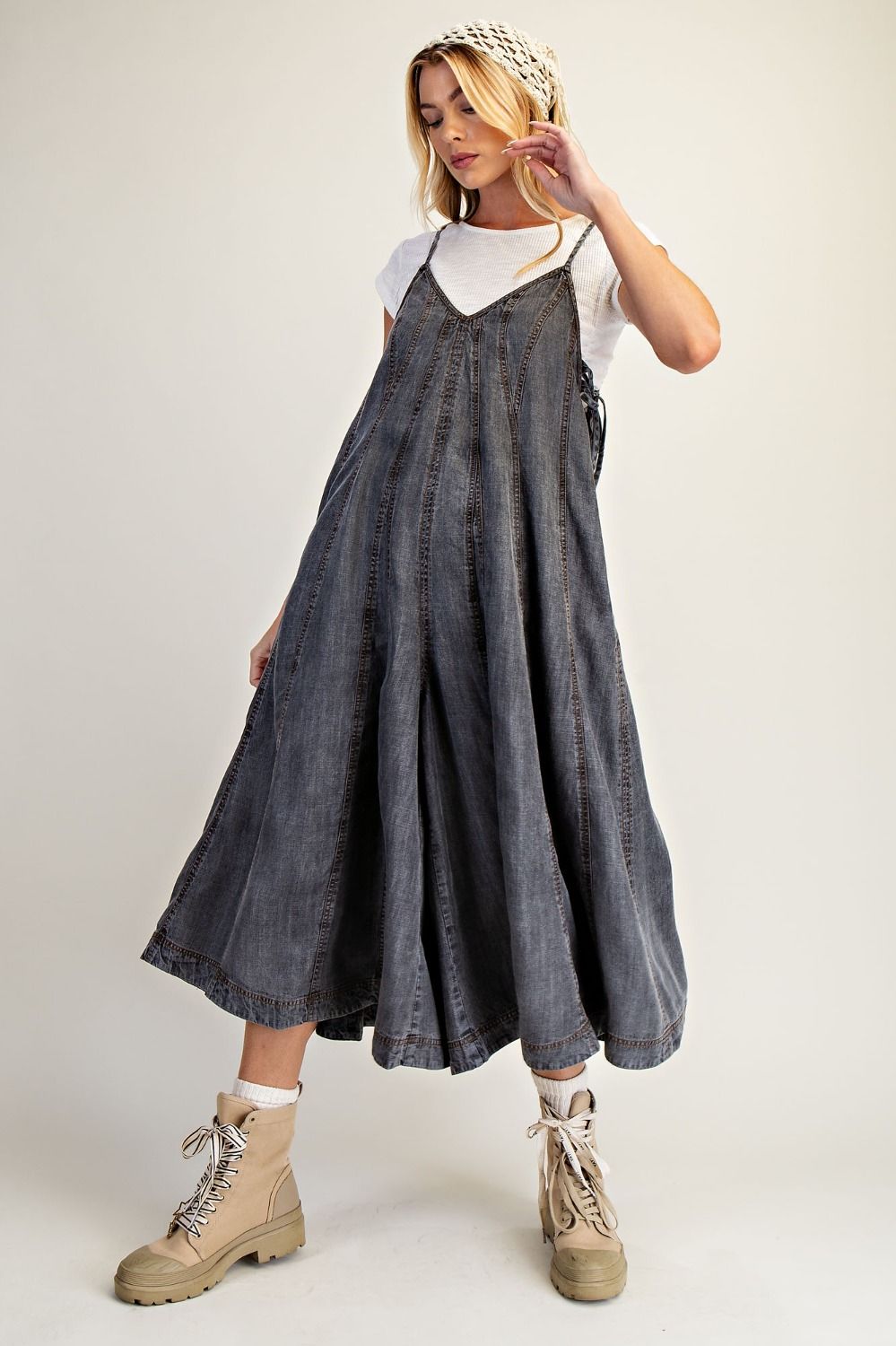 Easel Wide Leg Washed Denim Jumpsuit - Black Denim