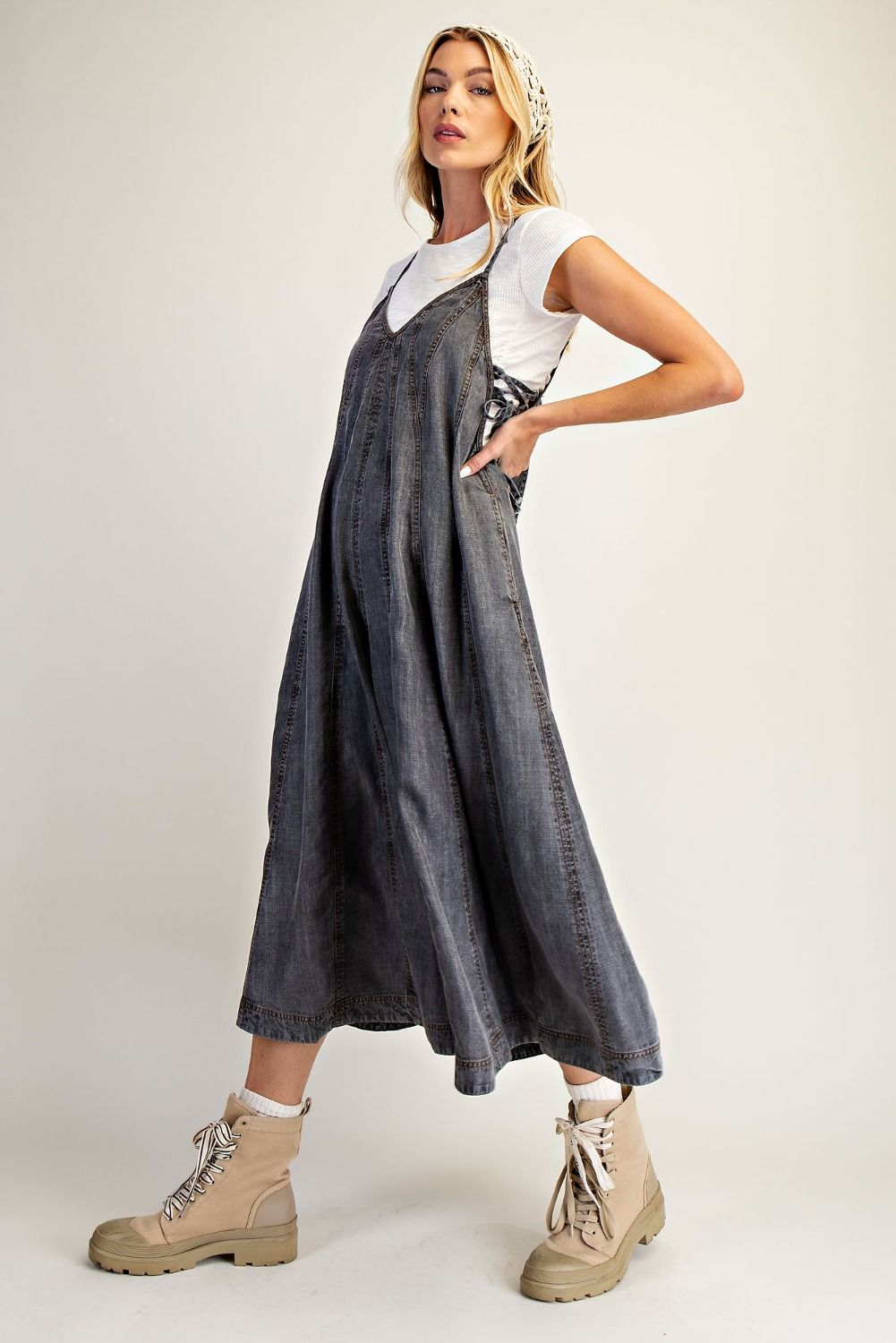 Easel Wide Leg Washed Denim Jumpsuit - Black Denim