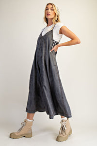Easel Wide Leg Washed Denim Jumpsuit - Black Denim
