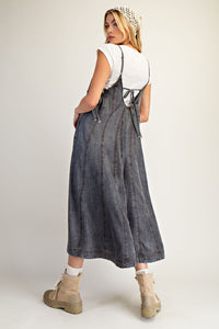 Easel Wide Leg Washed Denim Jumpsuit - Black Denim