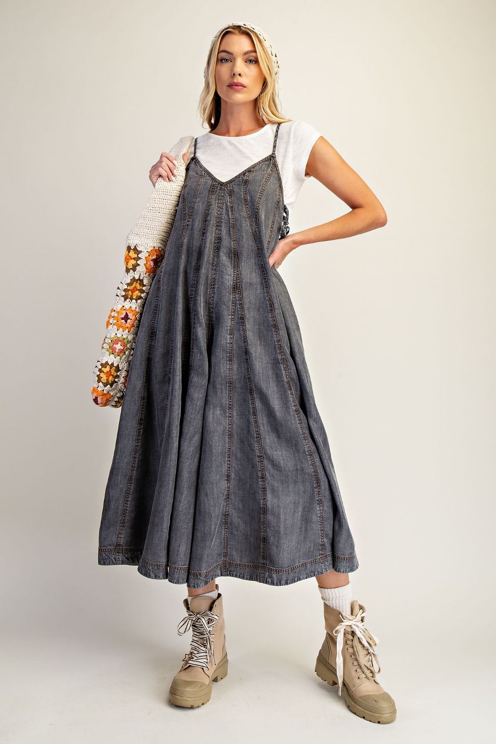 Easel Wide Leg Washed Denim Jumpsuit - Black Denim