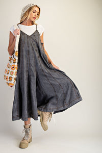 Easel Wide Leg Washed Denim Jumpsuit - Black Denim