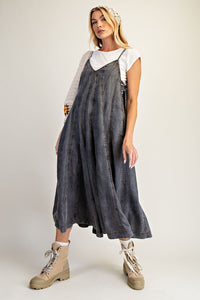 Easel Wide Leg Washed Denim Jumpsuit - Black Denim