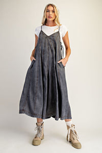 Easel Wide Leg Washed Denim Jumpsuit - Black Denim