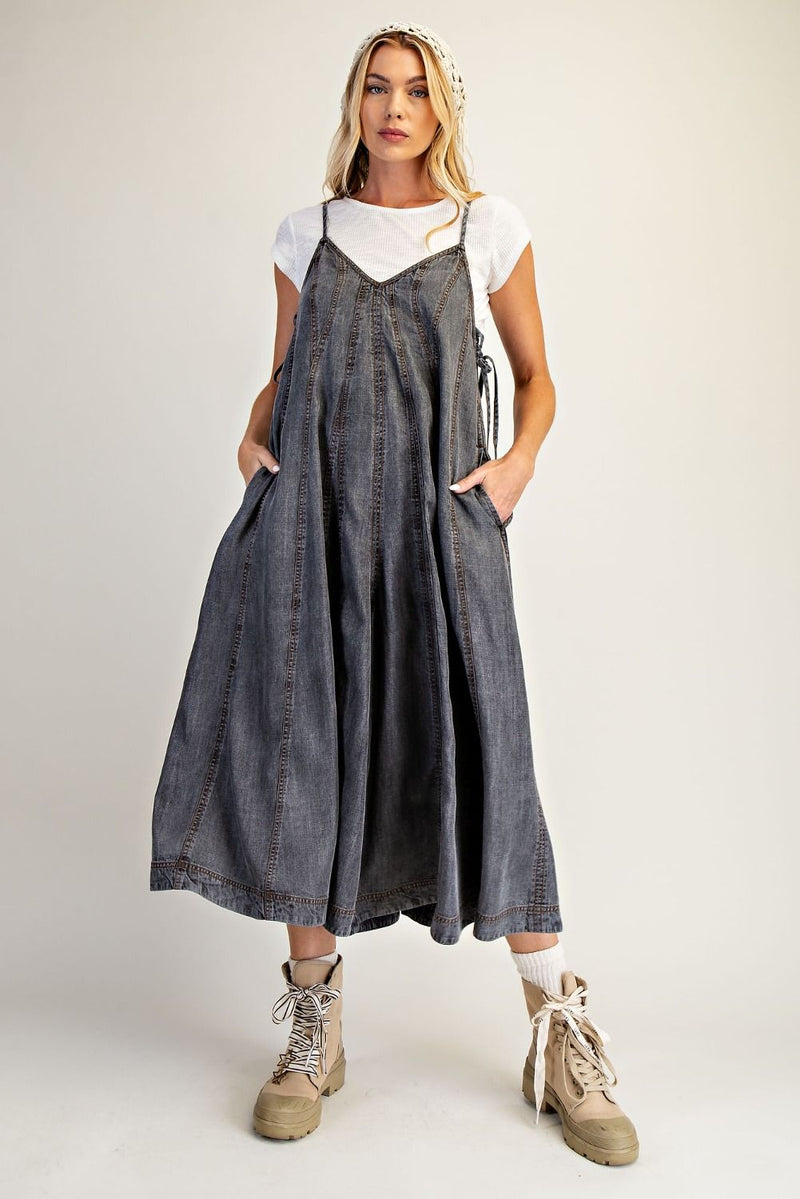 Easel Wide Leg Washed Denim Jumpsuit - Black Denim