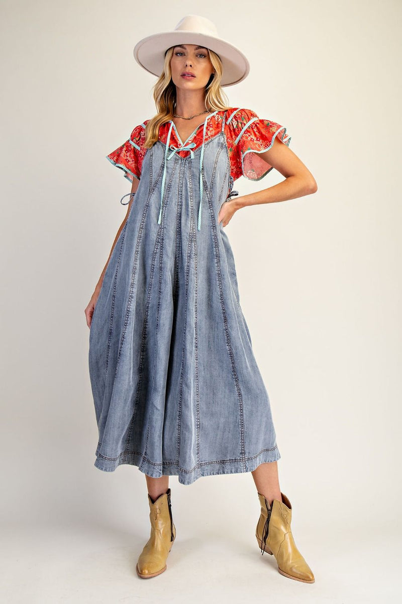 Easel Wide Leg Washed Denim Jumpsuit