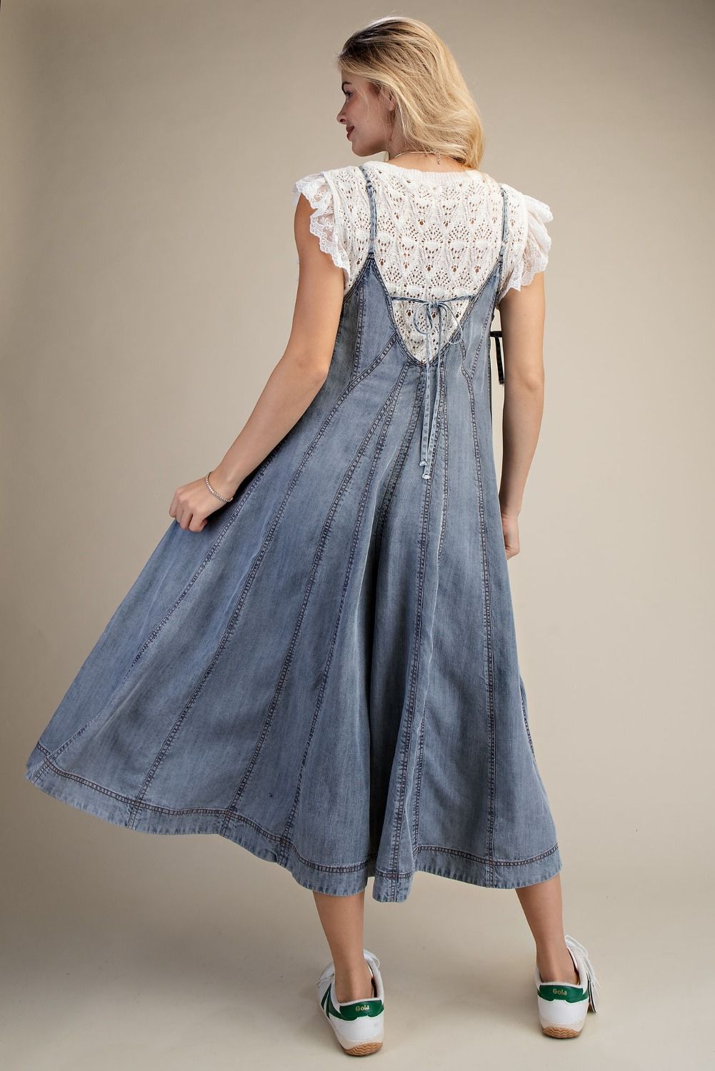 Easel Wide Leg Washed Denim Jumpsuit