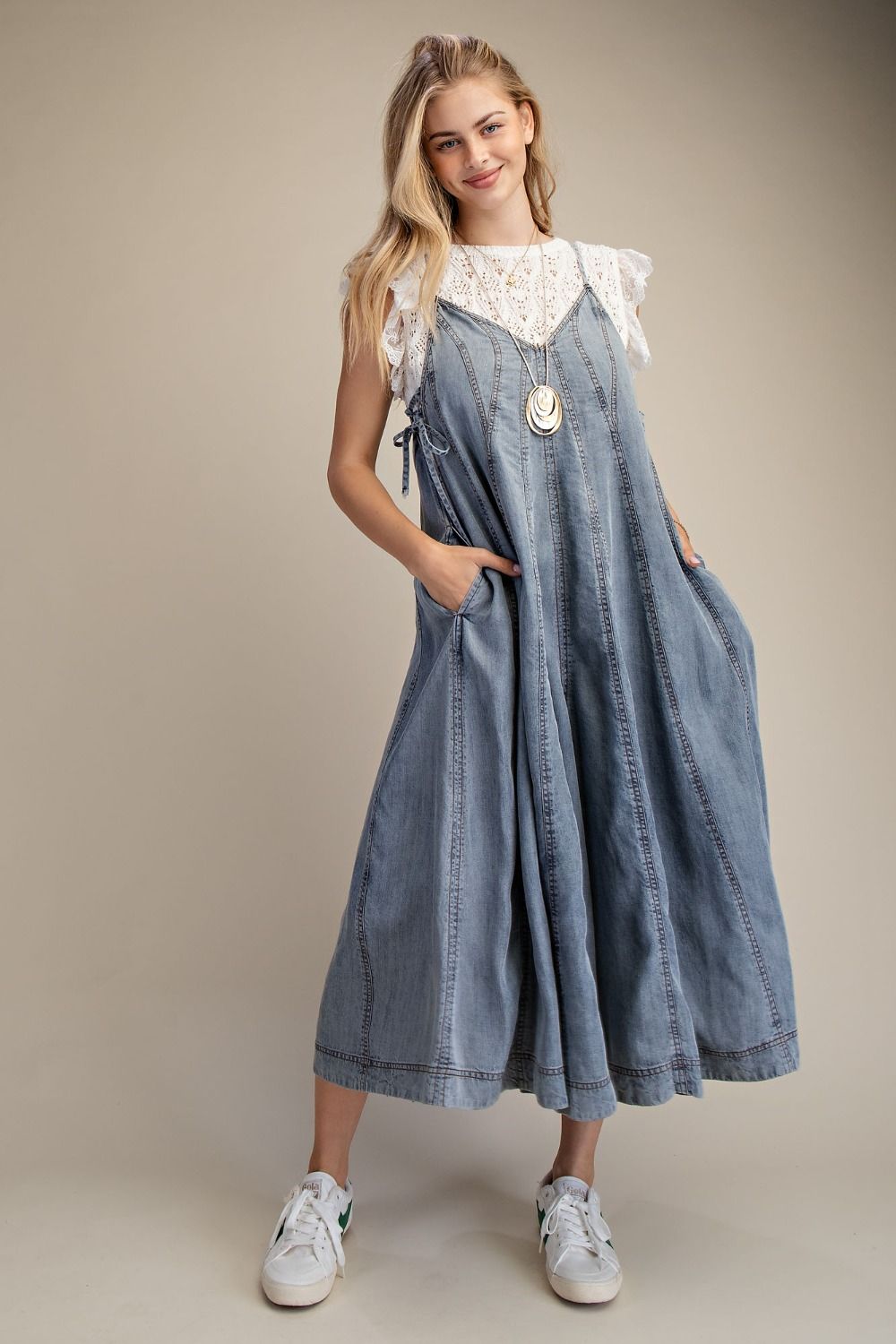 Easel Wide Leg Washed Denim Jumpsuit