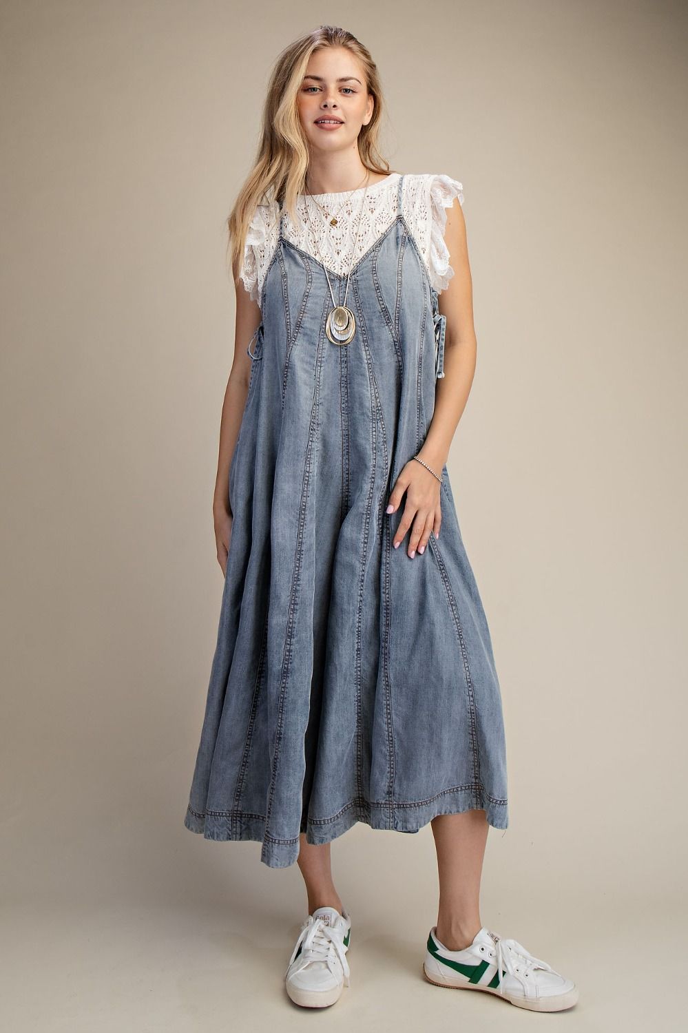 Easel Wide Leg Washed Denim Jumpsuit