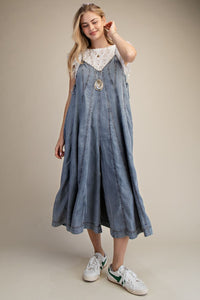 Easel Wide Leg Washed Denim Jumpsuit