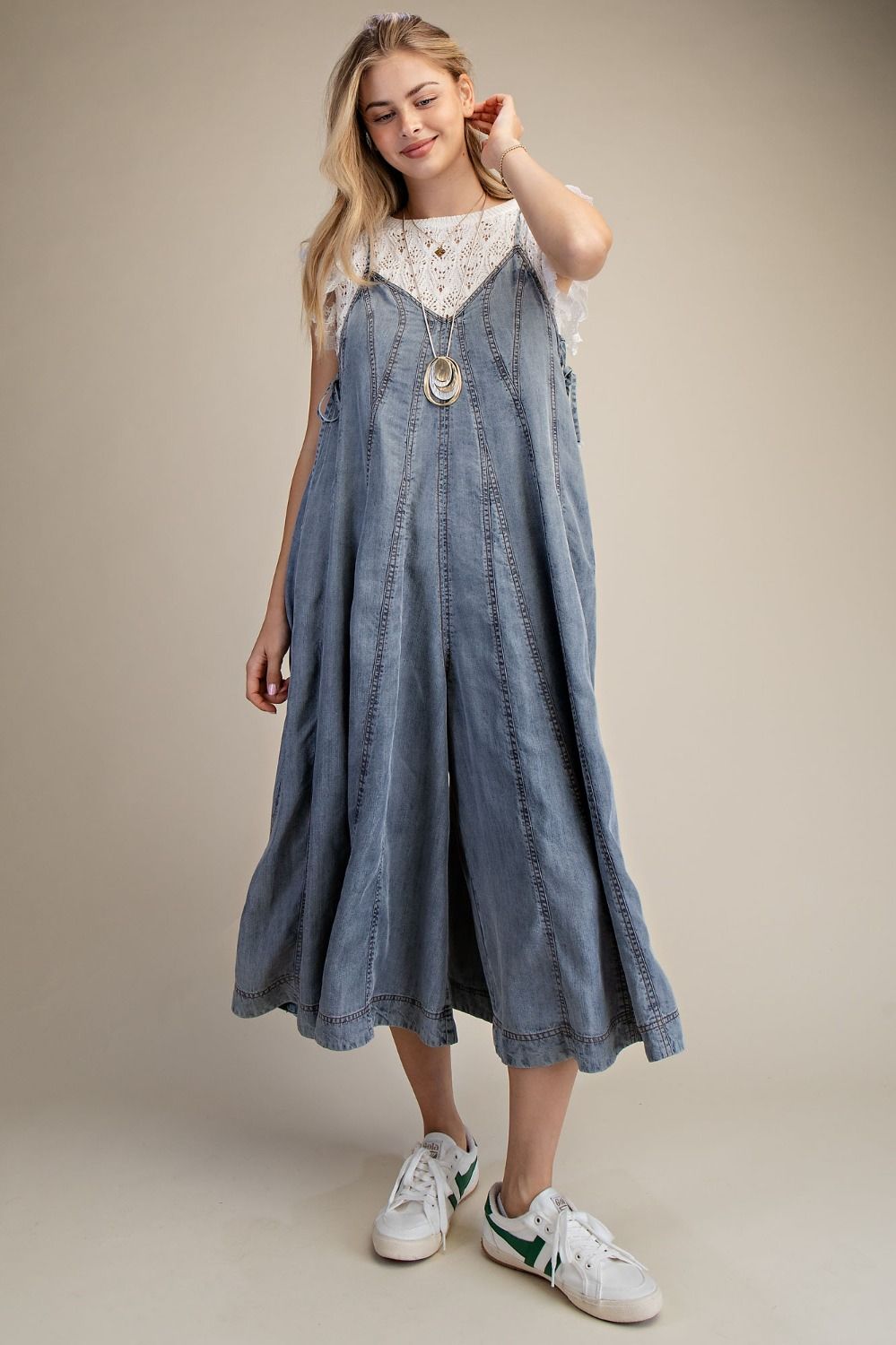 Easel Wide Leg Washed Denim Jumpsuit
