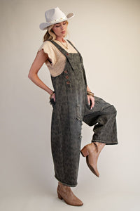 Easel Animal Print Washed Denim Overalls in Ash