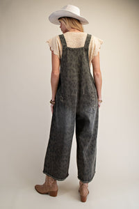 Easel Animal Print Washed Denim Overalls in Ash