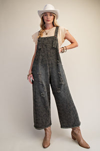 Easel Animal Print Washed Denim Overalls in Ash