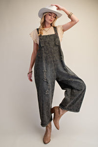 Easel Animal Print Washed Denim Overalls in Ash