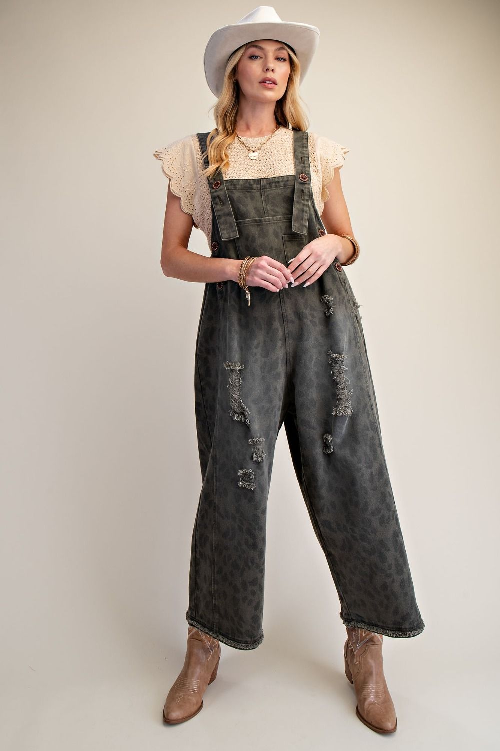 Easel Animal Print Washed Denim Overalls in Ash